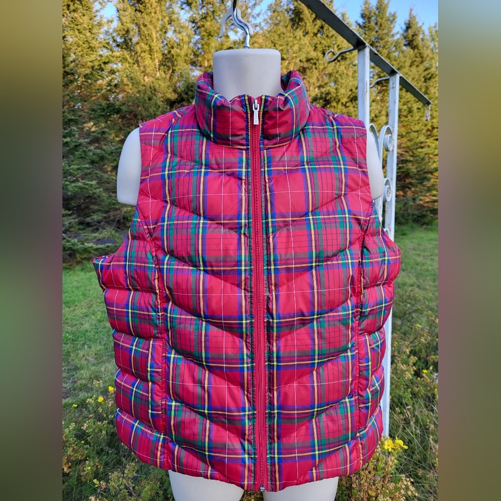 "Plaid + Puffer" Lands' End Red Green Vest